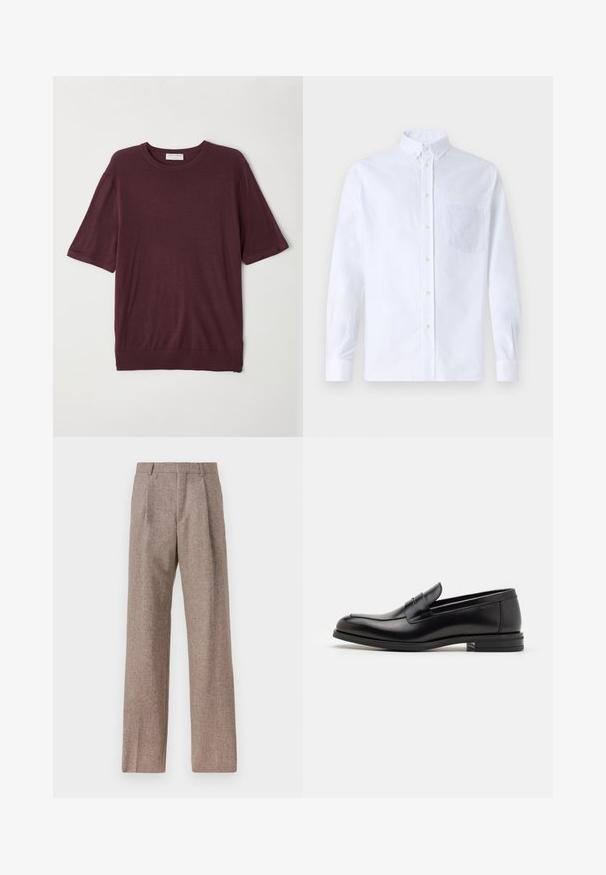 Burgundské tričko s krátkým rukávem vyrobené z měkké tkaniny; má kulatý výstřih a volnější střih s rovnými lemy. Základní design bez vzorů.; Bílá dlouhá košile s knoflíky vyrobená z bavlny, která má náprsní kapsu s tónovanou výšivkou, límec a knoflíkové manžety.; Hnědé kalhoty s vysokým pasem vyrobené z texturované látky. Mají široké nohavice a dva přední sklady pro strukturu. Úhledné provedení bez viditelné kovových částí.; Černé kožené polobotky s hladkou texturou, zaoblenou špičkou a zdobným páskem přes nárt. Nízký stohovaný podpatek, minimalistický design.