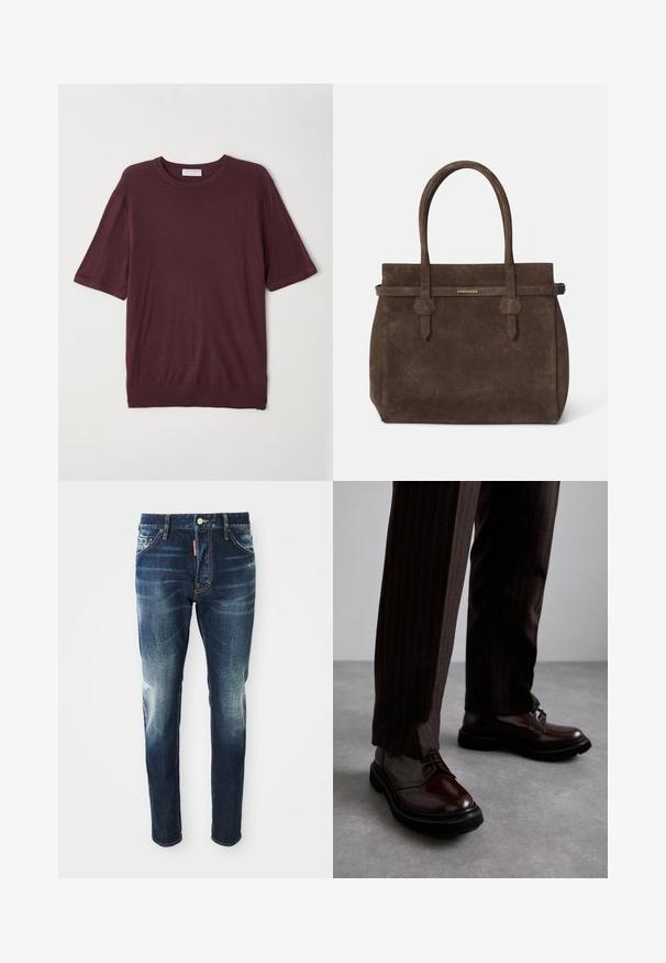 Burgundské tričko s krátkym rukávom vyrobené z jemnej látky; má okrúhly výstrih a voľný strih so šikmým lemom. Základný dizajn bez vzorov.; Tmavomodré džínsy so slim fit strihom, s bledšími miestami na stehnách a kolenách, piatimi vreckami a kovovým zapínaním.; Hnedé kožené šnurovacie topánky s lesklým povrchom, čierna gumová podrážka a jemné švy. Nosené s hnedými prúžkovanými nohavicami.; Tmavohnedá semišová taška s dvoma uchami a horizontálnym popruhom, ktorý obsahuje malú zlatú nášivku s logom DSQUARED2.