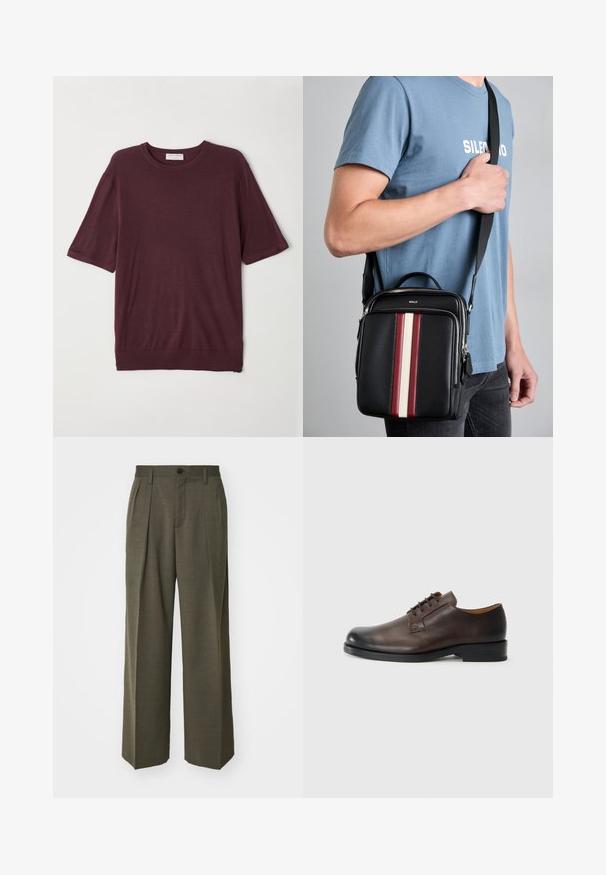 Burgundy színű, rövid ujjú póló, puha anyagból készült; környakú és lazán illeszkedő fazonú, egyenes aljjal. Egyszerű, mintázat nélküli dizájn.; Filippa K WIDE TROUSERS - Nadrágok - driftwood; Barna bőr cipő, lekerekített orral, alacsony sarokkal, fűzős kialakítással és sima felülettel. Jellemzi a minimális varrás és a fényes kivitel.; Fekete bőr keresztpántos táska piros, fehér és bézs függőleges csíkokkal. Felül fogantyúval és állítható pánttal rendelkezik. A cipzáras zárás látható.