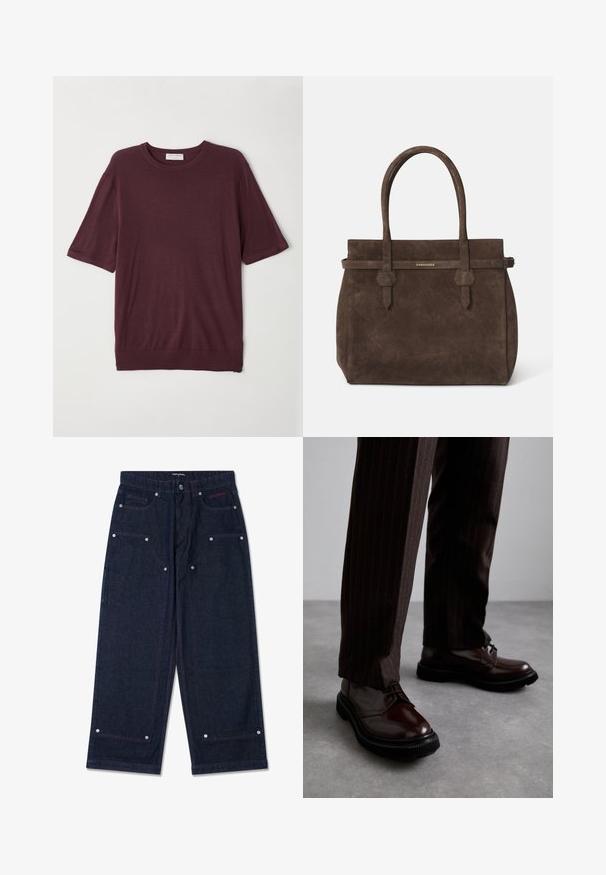 Burgundijas krāsas īsām piedurknēm t-krekls, izgatavots no mīkstas auduma; ar apaļu kakla izgriezumu un brīvu piegriezumu ar taisnu apakšmalu. Pamata dizains bez rakstiem.; Tumši džinsi ar platām kājām un diviem priekšējiem kabatām, sudraba detaļām un kontrastainiem sarkaniem izšuvumiem. Aprīkoti ar pogu aizdari un zīmola logotipu.; Brūni ādas šņorējami apavi ar spīdīgu apdari, melna gumijas zole un smalki satīti šuvumi. Valkāti ar svītrainām brūnām biksēm.; Tumši brūns zamšains somiņas ar divām rokturiem un horizontālu siksnu, kurai ir neliels zelta DSQUARED2 logotipa plāksne.