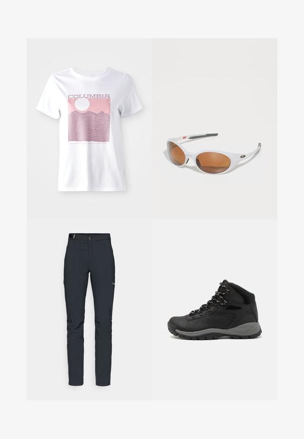 Hvid bomulds T-shirt med en pink bjerggrafik, en sol og teksten "COLUMBIA" samt "ALWAYS OUTSIDE | PACIFIC NORTHWEST."; Herrers udendørsbukser, mørkegrå, lavet af fleksibelt materiale, med bælte, lynlåslommer og forstærkede syninger.; Sort vandrestøvle med en mellem-højde design, der har en tekstureret overdel, grå detaljer og en holdbar gummisål med skridsikre klodser.; Hvide solbriller med brune linser, oval form, lavet af glat plastik, med grå accenter på stængerne og et logo på rammen.; Sort rygsæk med glat nylonmateriale, et logo på fronten, justerbare stropper og mesh-sidelommer til ekstra opbevaring.