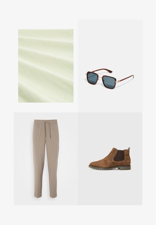 Hellgrüner Stoff mit glatter Textur, der flache Falten zeigt. Das Material wirkt leicht und leicht reflektierend unter sanfter Beleuchtung.; Helle beigefarbene Hose mit elastischem Bund, verstellbarem Kordelzug und schmal zulaufenden Beinen. Der Stoff wirkt glatt mit einem leichten Glanz.; Braune Wildleder-Chelsea-Boots mit elastischen Seitenpaneelen, einer Zugschlaufe und einer strukturierten Gummisohle mit Rillen für besseren Halt.; Schildpatt-Sonnenbrille mit dunkelgrauen Gläsern, quadratischer Form, goldenen Metallakzenten und schlanken Bügeln mit charakteristischen gestreiften Details.; Braune Leder-Umhängetasche mit einer flachen Vorderklappe, zwei Riemen, goldenen Hardware-Akzenten und einem verstellbaren Schultergurt.