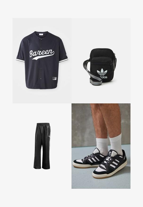 Black mesh short-sleeve jersey with a snap button closure, "Bareen" printed in white, white accent stripes on sleeves, size label visible.; Black synthetic track pants with an elastic waistband, featuring white side stripes and a small white logo on the left hip.; Black and white sneakers with a suede and leather upper, featuring three white stripes, a perforated toe, and a gum rubber sole.; Black fabric crossbody bag with a zipper closure, featuring a white Adidas logo and a striped adjustable strap for easy carrying.