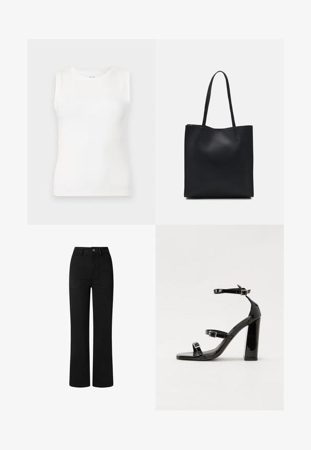 Top alb fără mâneci, realizat dintr-un material cu dungi, având un decolteu rotund și o siluetă ajustată, fără modele sau embellisment suplimentar.; Pantaloni negri, cu talie înaltă, cu un design drept, fabricati dintr-un material de bumbac neted. Caracteristici: buzunare frontale și un închidere simplă cu nasture metalic.; Sandale cu toc din patent negru, cu vârf pătrat, curele la gleznă și catarame din argint. Dispune de un toc gros pentru stabilitate.; Geantă tote neagră din piele, cu textură netedă, formă rectangulară și două mânere lungi. Fără hardware vizibil sau ornamente.