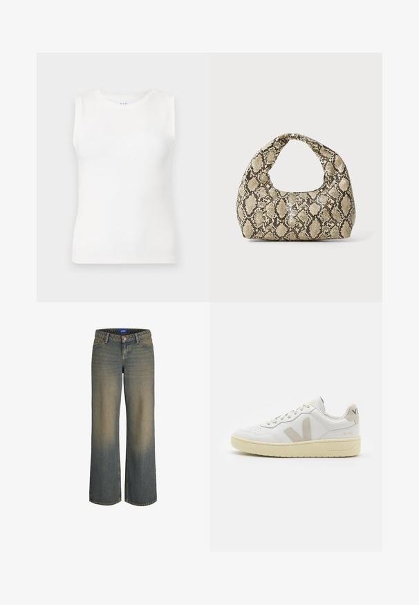 White sleeveless top made of ribbed fabric, featuring a round neckline and fitted silhouette, with no additional patterns or embellishments.; Wide-leg blue denim jeans with a light to dark gradient, five-pocket design, and a button-fly closure. Stitched detailing on edges.; White leather sneaker with beige suede accents, perforated toe box, flat laces, and a textured cream sole. Features subtle branding on heel.; Snake-print handbag with a curved handle. Made from textured, beige and brown materials, featuring a distinctive diamond pattern.