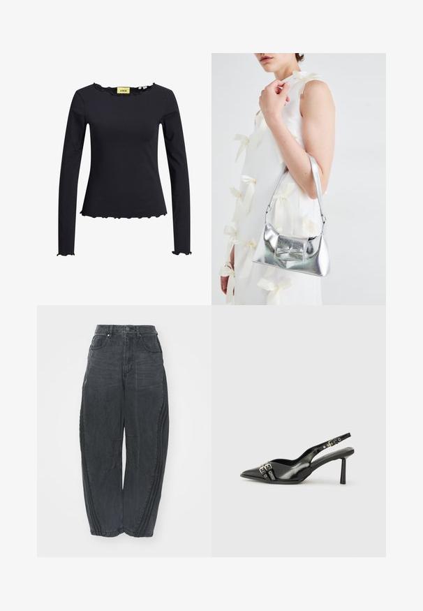 Long-sleeved black top with a ruffled neckline and hem. Made of soft fabric, features a fitted design and minimal branding inside.; Baggy black denim jeans with a faded finish, five pockets, a waist button closure, and stitched detailing on the front and sides.; Black patent leather slingback shoe with pointed toe, ankle straps featuring silver buckles and hardware, and a slender heel.; Silver metallic handbag with a structured shape, featuring a top handle and bow detail on the front. Smooth texture, reflective finish.
