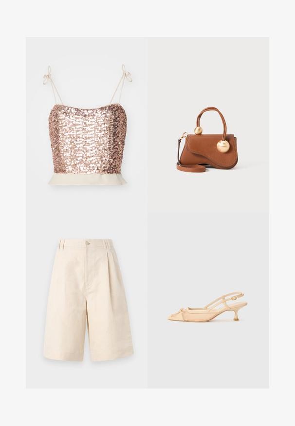 Camisole en sequins dorés rose avec des bretelles réglables et un ourlet peplum crème. Surface texturée avec des détails brillants et réfléchissants.; Shorts en lin beige avec une coupe décontractée, présentant une fermeture à bouton, un design plissé et une longueur à mi-genou. Texture lisse et style simple.; Stuart Weitzman KITTY - Escarpins - beige/barely beige; Sac à main en cuir marron avec un design ondulé, doté de deux accents dorés ronds et d'une bandoulière amovible pour un transport polyvalent.