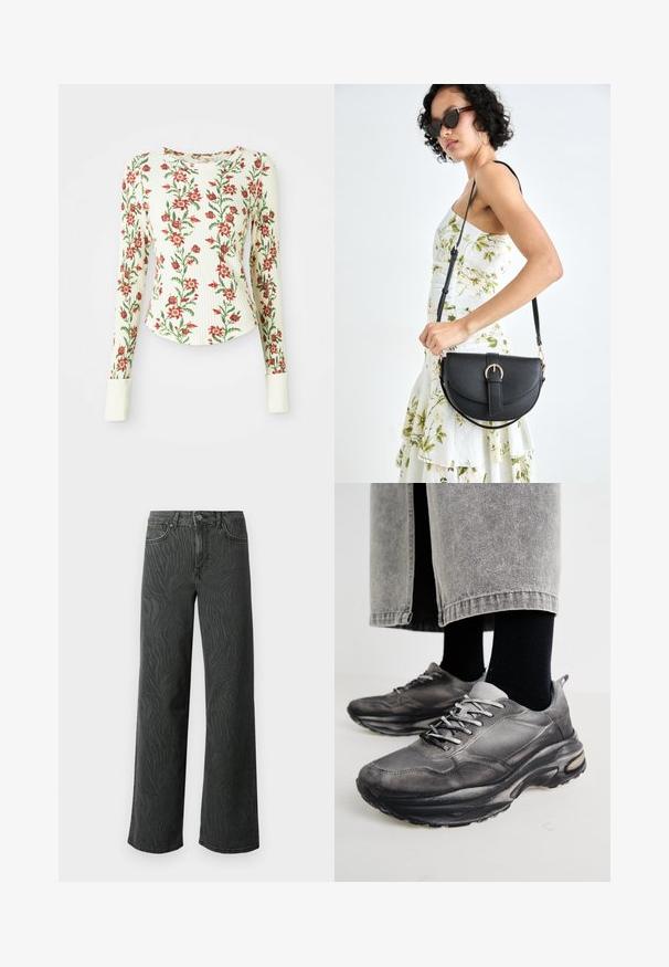 Camisa de mangas longas feita de um tecido texturado, com uma base branca e padrões florais vermelhos e folhas verdes; inclui punhos brancos.; Calças de perna larga em denim cinza escuro, apresentando uma textura sutil de padrão zebra, costura em contraste e um design de cinco bolsos com fecho de botão.; Sapatilhas atléticas pretas e cinzentas apresentam um upper em malha, solas espessas e atacadores. Têm um bico arredondado e detalhes de amortecimento visíveis.; Bolsa de couro preta com forma curva, alça destacável e detalhes em dourado. A bolsa possui uma aba com detalhe de fivela.