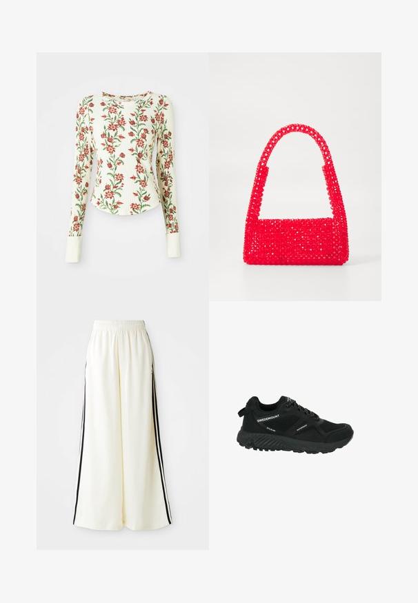 Koszula z długim rękawem wykonana z teksturowanej tkaniny, z białą bazą w czerwone kwiatowe wzory i zielone liście; zawiera białe mankiety.; Białe spodnie z szerokimi nogawkami, z elastycznym paskiem w talii i czarnymi pionowymi paskami wzdłuż zewnętrznych szwów.; Czarne, wodoodporne buty turystyczne z siateczkowymi panelami, teksturowaną podeszwą, okrągłym noskiem i odblaskowymi sznurowadłami. Posiadają logo oraz pętelkę na pięcie.; Czerwona torebka wykonana z plastikowych koralików, z kwadratową podstawą i zakrzywionym uchwytem. Powierzchnia ma teksturowane, błyszczące wykończenie z wzorem koralików.