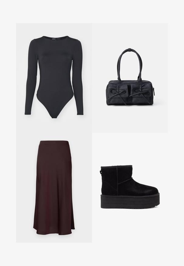 Czarny body z długim rękawem, wykonane z gładkiego materiału, z okrągłym dekoltem i wysokim krojem nogawek, z minimalną ilością szwów.; Burgundowa satynowa spódnica midi o gładkiej fakturze, prostym kroju i lekko rozkloszowanym dole. Bez widocznych wzorów ani elementów metalowych.; Czarne zamszowe botki za kostkę z grubą platformą i miękką podszewką. Wykończone akcentami przeszycia oraz z tylną pętelką ułatwiającą zakładanie.; Czarna torba z materiału z dwoma przednimi kieszeniami z detalami w kształcie kokardek, podwójnymi uchwytami i zapięciem na zamek. Miękka struktura i prostokątny kształt.