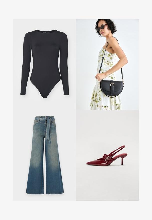 Zwart langemouwen bodysuit van gladde stof, met een ronde halslijn en hoge uitsnijdingen met minimale naden.; Wijduitlopende denim broek met een lichte naar donkere blauwe gradient, hoge taille, riemlussen en een bijpassende stoffen riem. Gestructureerde denimafwerking.; Rode gepatenteerde leren slingbackhakken met een spitse neus, twee gespsluitingen en een slanke, middelhoge stilettohak. Glad textuur.; Zwarte leren handtas met een gebogen vorm, afneembare schouderband en gouden hardware. De tas heeft een klep met een gespsluiting.