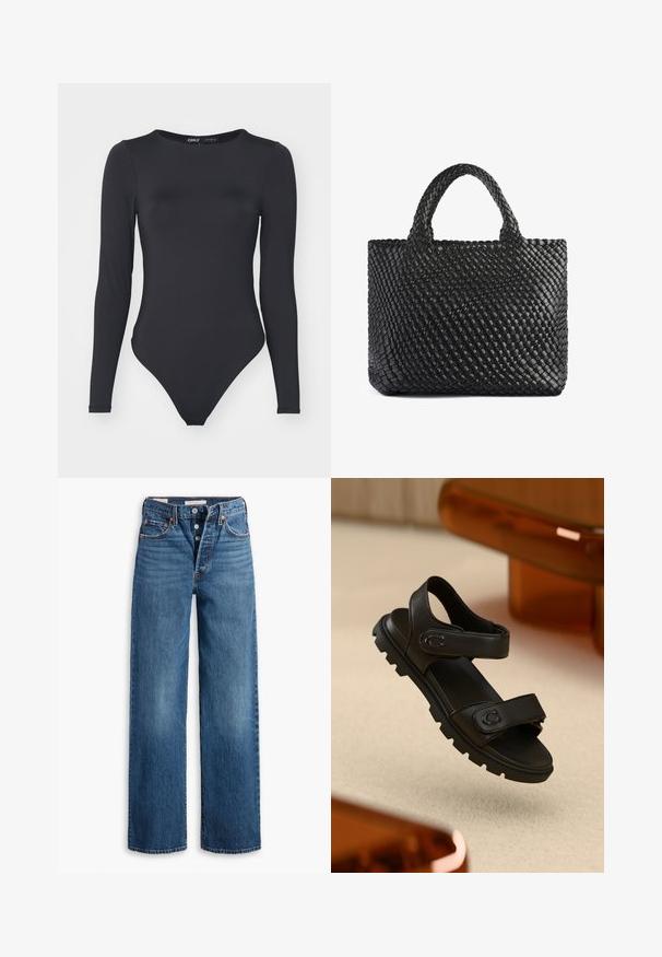 Zwart langemouwen bodysuit van gladde stof, met een ronde halslijn en hoge uitsnijdingen met minimale naden.; Blauwe denim jeans met een wijduitlopende ontwerp, vijf zakken, knoopsluiting en contrasterende stiksels. Gestructureerde stof met een vervaagde afwerking.; Zwarte leren sandaal met twee verstelbare banden, een gestructureerde zool en een gedurfde, robuuste uitstraling. Heeft een logo-accent op de band.; Zwarte geweven tas met twee handvatten, met een gestructureerd oppervlak en een rechthoekige vorm. Eenvoudig, uniek ontwerp zonder zichtbare bevestigingsmiddelen.