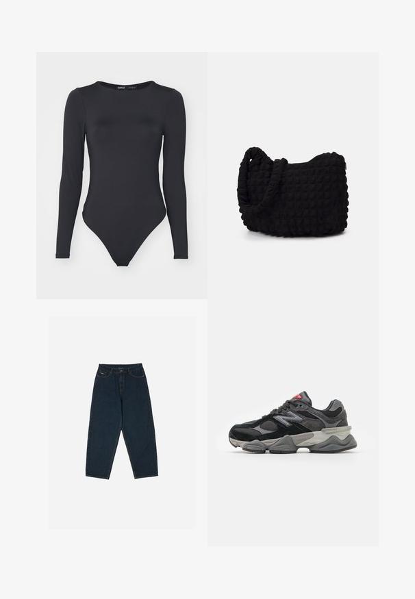 Juodas ilgomis rankovėmis bodis, pagamintas iš lygaus audinio, su apvaliu iškirpimu ir aukštu kirpimu ant kojų, turintis minimalų siūlių kiekį.; Tamsiai mėlynos aukšto liemens džinsai su laisvu siluetu, turintys penkias kišenes ir sagčių užsegimą. Pagaminti iš džinsinio audinio, turinčio lygų paviršių.; Juodos ir pilkos sportbačiai su zomšos ir tinklelio medžiagų mišiniu, storu padu, išsiskiriančiu logotipu ir raudona akcentu ant liežuvėlio.; Juodas audinio maišelis su tekstūruota, siuvinėta raštu. Apvalios formos, trumpi, stori rankenėlės ir minkšta, lanksti struktūra.