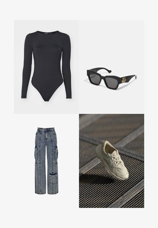 Fekete, hosszú ujjas bodyn sima anyagból, kerek nyakkivágással és magas kivágású lábakkal, minimális varrással.; Világoskék farmer cargo nadrág. Széles lábakkal, több oldalsó zsebbel és kontrasztos sötét farmer betétekkel rendelkezik. Visszajelző varrásokkal van kialakítva.; Beige sneakerek textúrázott anyagból, sima kontrasztos részletekkel, kerek talppal és fűzőkkel, egy rácsozott felület fölött lebegve.; Fekete, téglalap alakú napszemüveg sötét lencsékkel, oldalt arany GG logóval. Fényes műanyagból készült, egyenes szárakkal.