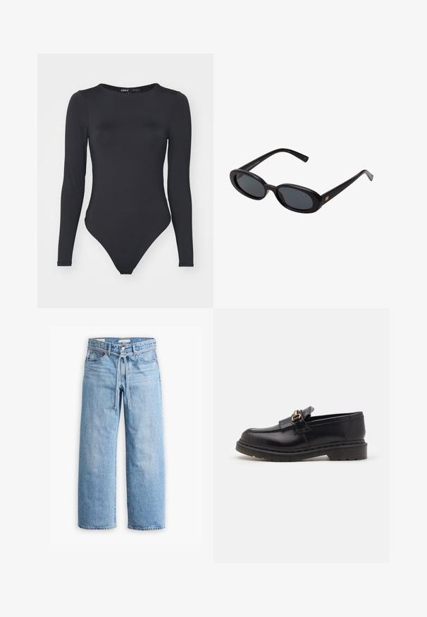 Schwarzer Langarm-Bodysuit aus glattem Stoff, mit runder Halslinie und hochgeschnittenen Beinen sowie minimalen Nähten.; Hellblaue Jeans im weiten Schnitt mit hoher Taille, Knopf- und Reißverschluss sowie einer Kordelzugdetails an der Taille. Roh geschnittener Saum.; Schwarze Lederloafers mit runder Zehenform, dekorativem Fransenbesatz und goldenen Hardware-Akzenten. Dicke Gummisohle für zusätzlichen Halt und Strapazierfähigkeit.; Schwarze, oversized Sonnenbrillen mit ovalen Gläsern, glattem Kunststoffrahmen und goldenen Akzenten an den Bügeln. Die dunklen Gläser bieten Sonnenschutz.; Grau Wildleder Schultertasche mit einer geschwungenen, weichen Silhouette und einem breiten Träger. Verfügt über ein dezentes Logo, das auf der Vorderseite eingeprägt ist.