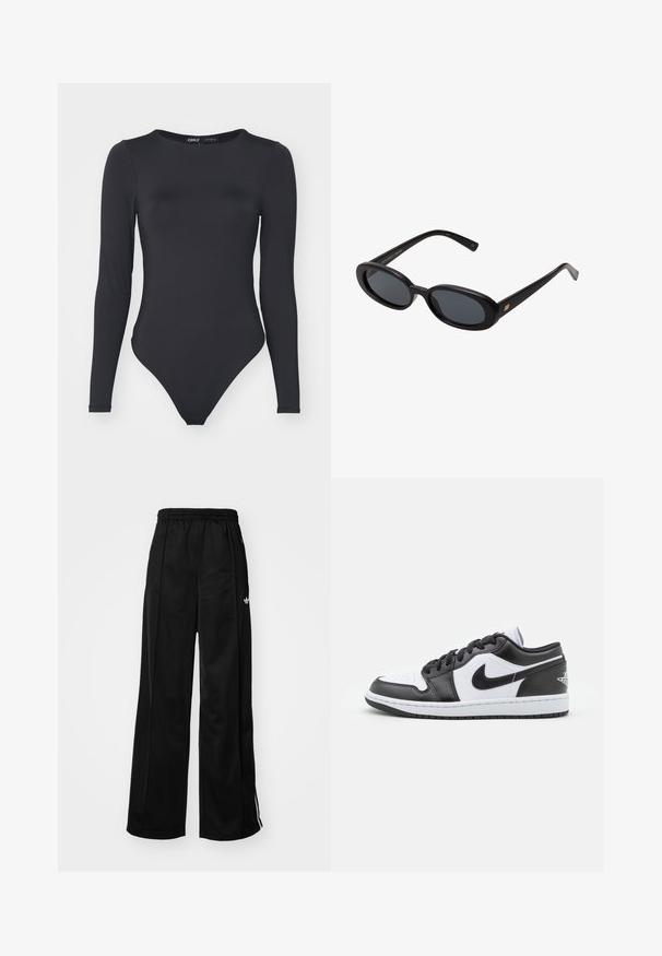 Schwarzer Langarm-Bodysuit aus glattem Stoff, mit runder Halslinie und hochgeschnittenen Beinen sowie minimalen Nähten.; Schwarze weiter Schnitt Jogginghose mit elastischem Bund, mit weißen Seitenstreifen und kleinem Logo auf der linken Hüfte. Glatte Stofftextur.; Schwarz-weiße Nike Low-Top-Sneaker verfügen über ein glattes Leder-Obermaterial, eine runde Zehenpartie, eine Schnürung und eine gemusterte Gummisohle.; Schwarze, oversized Sonnenbrillen mit ovalen Gläsern, glattem Kunststoffrahmen und goldenen Akzenten an den Bügeln. Die dunklen Gläser bieten Sonnenschutz.