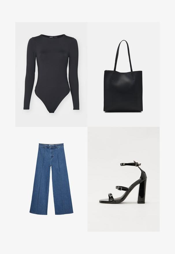 Crni bodiji dugih rukava od glatkog materijala, s okruglim izrezom i visokim izrezom na nogavicama s minimalnim šavovima.; Široke traperice u srednje plavoj boji, s visokim strukom, zatvaranjem na dugme i kontrastnim vertikalnim šavovima duž prednje strane.; Crne lakirane sandale na pete sa kvadratnim nosom, trakama oko gležnja i srebrnim kopčama. Imaju čvrst blok petu za stabilnost.; Crna kožna torba za nošenje s glatkom teksturom, pravokutnim oblikom i dvije duge ručke. Nema vidljivih metalnih dijelova ili ukrasa.