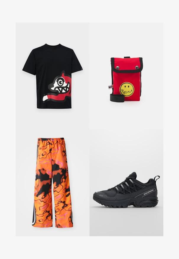 Icecream JUMBO RUNNING DOG - Camiseta estampada - black; Pantalones holgados con un vibrante patrón de remolinos abstractos en naranja, negro y rosa, cintura elástica, franjas laterales y cierre de botón.; Zapatillas deportivas negras con parte superior de malla, suela de goma y acentos reflectantes. Presentan una suela acolchada y un diseño con cierre de cordones.; Bolsa de tela roja con detalles en negro, cierre a presión y diseño de cara sonriente amarilla. Cuenta con una correa para el hombro y una etiqueta en el costado.