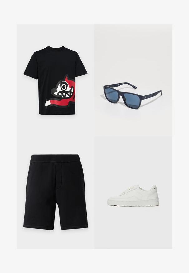Icecream JUMBO RUNNING DOG - T-shirts med print - black; Sorte treningsshorts laget av mykt materiale; har en elastisk midje, to sidelommer og kontraststing.; Hvite lærersneakers med en jevn overflate, rund tå, flate lisser og en teksturert såle. Har en subtil logo på hælen.; Blå rektangulære solbriller med mørke linser, matt marineblå ramme, logo-detajler på stengene, rette armer og en solid, glatt tekstur.