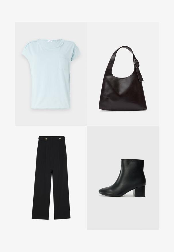Light blue short-sleeve t-shirt made of soft cotton, featuring a round neckline and a small pocket on the left chest. Simple design.; Black wide-leg trousers with high waist, button details on waistband, and front pleats.; Black leather ankle boots with a pointed toe and a chunky heel. Smooth texture with minimal accents and a sleek, fitted design.; Brown leather shoulder bag with a smooth texture, rounded shape, wide strap, and circular metallic accent on the handle.