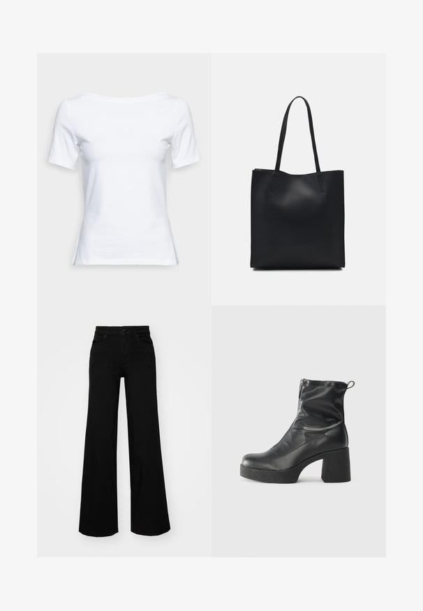 Vero Moda Petite VMPANDA - Pamata T-krekls - bright white; Melni plaša kāju bikses, izgatavotas no džinsa, ar strukturētu jostu, jostu cilpiņām un priekšējām kabatām. Gluda tekstūra ar klasisku dizainu.; Melni potītes zābaki, kas izgatavoti no gludas ādas, ar sānu rāvējslēdzēju, masīvu strukturētu papēdi un noapaļotu purngalu.; Melnas ādas somiņa ar gludu tekstūru, taisnstūra formu un divām garām rokturiem. Nav redzamu aparatūras vai rotājumu.