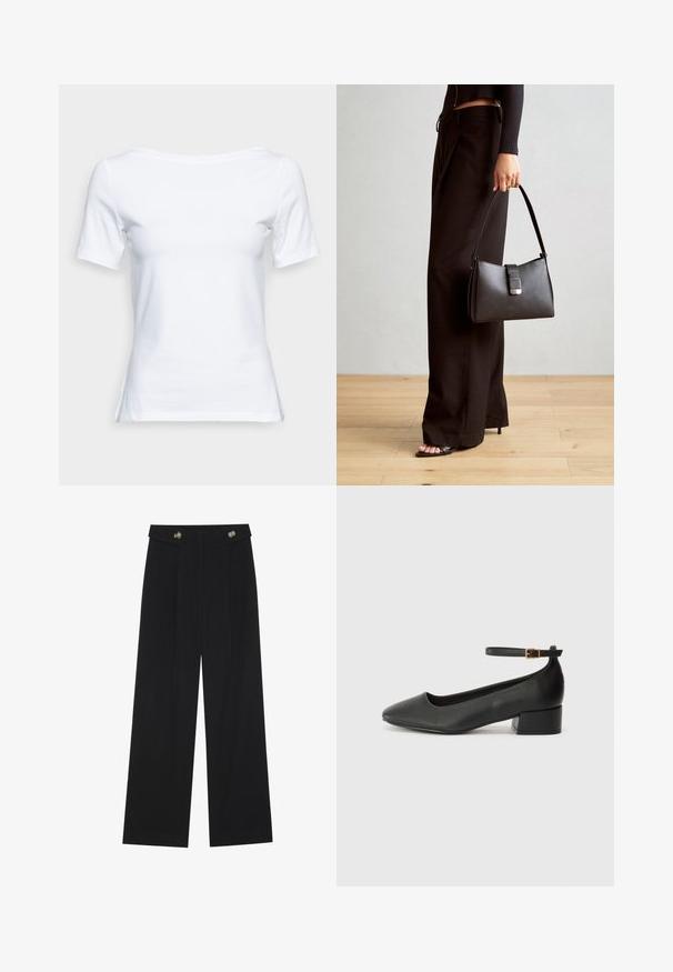 Vero Moda Petite VMPANDA  - Paprasti marškinėliai - bright white; Juodi plačios kojos kelnės su aukštu liemeniu, sagų detalėmis ant liemens ir priekinėmis raukšlėmis.; Juodas odinis aukštakulnis batelis su smailiu pirštu ir žemu bloku. Su kulkšnies dirželiu su auksinės spalvos sagtimi. Lygus paviršius.; Juodas rankinė struktūrizuota forma, lygi tekstūra ir metalinis užsegimas. Suporuota su plačiomis juodomis kelnėmis ir atvirais bateliais ant medinių grindų.