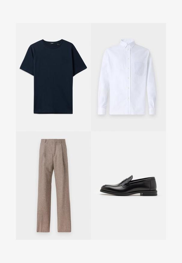 T-shirt de algodão azul marinho com mangas curtas, gola redonda e um corte descontraído. Design minimalista sem padrões ou realces visíveis.; Camisa branca de botão de mangas longas feita de algodão, com um bolso no peito com bordado tonal, colarinho e punhos com botão.; Calças castanhas de cintura alta feitas de tecido texturado. Apresentam pernas largas e duas pregas frontais para estrutura. Acabamento cuidadoso sem hardware visível.; Mocassins de couro preto com uma textura suave, bico arredondado e uma faixa decorativa sobre o peito do pé. Salto baixo e empilhado, design minimalista.