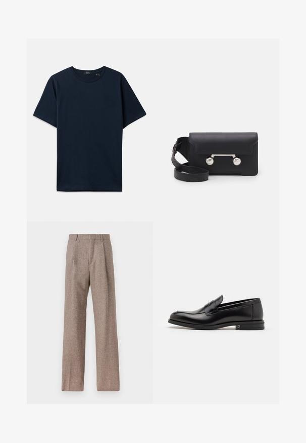 Navy modra bombažna majica s kratkimi rokavi, okroglo izrezana in sproščenega kroja. Minimalističen dizajn brez vidnih vzorcev ali poudarkov.; Rjave hlače z visokim pasom, izdelane iz teksturirane tkanine. Imajo široke noge in dve sprednji pregibi za strukturo. Urejen zaključek brez vidne strojne opreme.; Črne usnjene loafer čevlje z gladko teksturo, zaobljenim nosom in dekorativnim trakom čez zgornji del. Nizka zložena peta, minimalističen dizajn.; Črna usnjena torbica za čez ramo z zapiranjem na preklop, srebrnimi dodatki in dvema okroglima okrasoma. Ima snemljiv trak. Gladka tekstura.