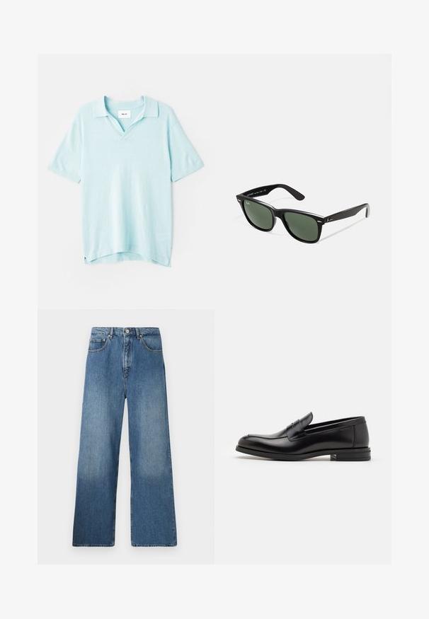 Gaiši zils īsām piedurknēm polo krekls, piedāvājot v-veida kakla izgriezumu, brīvu piegriezumu, mīkstu tekstūru un sānu šķēlienus kustību ērtībai.; Platmalu, zili džinsi ar klasisku piecu kabatu dizainu, priekšējo pogu aizdari un nelielu izbalējumu tekstūras nodrošināšanai.; Melnas ādas kurpes ar gludu tekstūru, noapaļu purngalu un dekoratīvu siksniņu pāri priekšpusei. Zems sakrauts papēdis, minimālisma dizains.; Melnas plastmasas saulesbrilles ar zaļiem lēciem, kvadrātveida rāmjiem, sudrabainu akcentu uz uzacīm un teksturētām tempļu kājām. Zīmols norādīts uz iekšējās kājas.