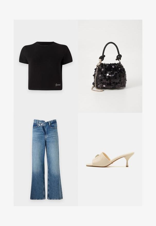 Melnā, īsām piedurknēm T-kreklā izgatavots no kokvilnas. Iezīmē apaļu kakla izgriezumu un mazu sudraba "Guess" logo apakšējā kreisajā stūrī.; Gai zils džinsu auduma bikses ar platām kājām un augstu vidukli, kurām ir divi pogas un priekšējās kabatas. Audumam ir izbalējusi tekstūra ar smalkām variācijām.; Bežs patentēta ādas atvērtā pirksta mūlisandaļa ar zemu stiletto papēdi. Uz augšdaļas ir centrāla dekoratīva akcenta iezīme. Gluda, spīdīga apdare.; Melna spīguļota mini rokas soma ar mezglotu teksturētu siksniņu un sudraba ķēdi. Apaļa forma ar sakopotām malām un atstarojumu detaļām.