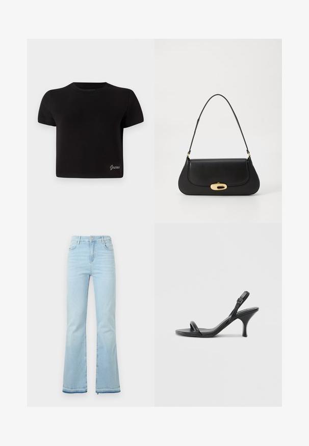 T-shirt preto de manga curta feito de algodão. Possui um decote redondo e um pequeno logótipo prateado "Guess" no canto inferior esquerdo.; Jeans flare azul claro feitos de denim, com uma cintura alta, bolsos frontais e uma bainha desgastada nas bainhas para um look casual.; Sandálias de salto alto em couro preto com um salto curvado e fino e um design de tiras cruzadas. Correia ajustável no tornozelo. Textura suave.; Bolsa de couro preto com um design curvado, detalhes em metal dourado e uma pega superior. Apresenta um fecho elegante e uma textura suave.