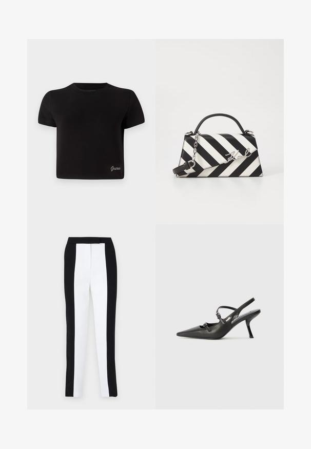 Black, short-sleeved T-shirt made of cotton. Features a round neckline and small silver "Guess" logo on the lower left.; Black and white tapered trousers featuring a slim fit with contrasting panels. Fabric has a smooth texture; waistband is flat and fitted.; Black leather slingback heels with a pointed toe, slender heel, and decorative buckle detail on the vamp. Smooth texture and sleek design.; Black and white striped handbag with a structured shape, featuring a top handle, a detachable chain strap, and metallic logo accent.