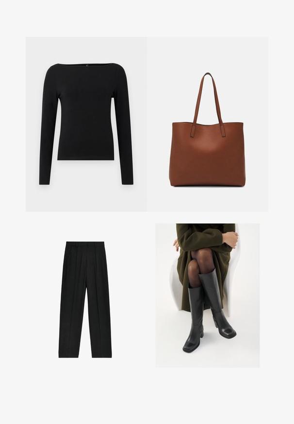 Svart langärmad topp med båtformad halsringning, tillverkad av slät tyg. Enkel design utan mönster eller accenter.; Svarta byxor med hög midja och rak passform, med veck och sidofickor, tillverkade av ett lätt material.; Knähöga svarta läderstövlar med fyrkantig tå och klack i blockmodell, visade med en modell sittande i en olivgrön kappa. Slät textur, minimal detaljering.; Brun läder tote-väska med en slät textur, öppen toppdesign och två axelremmar. Har minimal söm och ingen synlig metalldetalj.