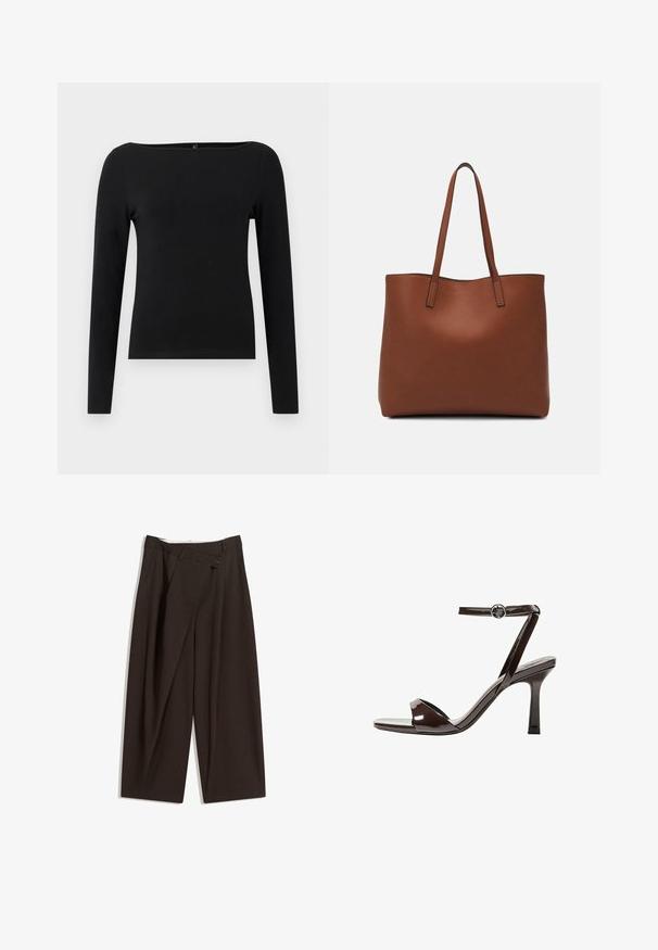 Zwarte lange mouw top met een bootlijn, gemaakt van een gladde stof. Eenvoudig ontwerp zonder patronen of accenten.; Donkere bruin wijde broek met een hoge taille, voorzien van een enkele knoopsluiting en een geplooide voorkant. Gemaakt van lichtgewicht stof.; Bruine gepatenteerde lederen sandaal met hoge hak, enkelbandje, open teen, en een strak, minimalistisch ontwerp. Voorzien van een vierkante hak.; Bruine leren tote bag met een gladde textuur, een ontwerp met een open bovenkant en twee schouderbanden. Kenmerkt zich door minimale stiksels en geen zichtbare hardware.