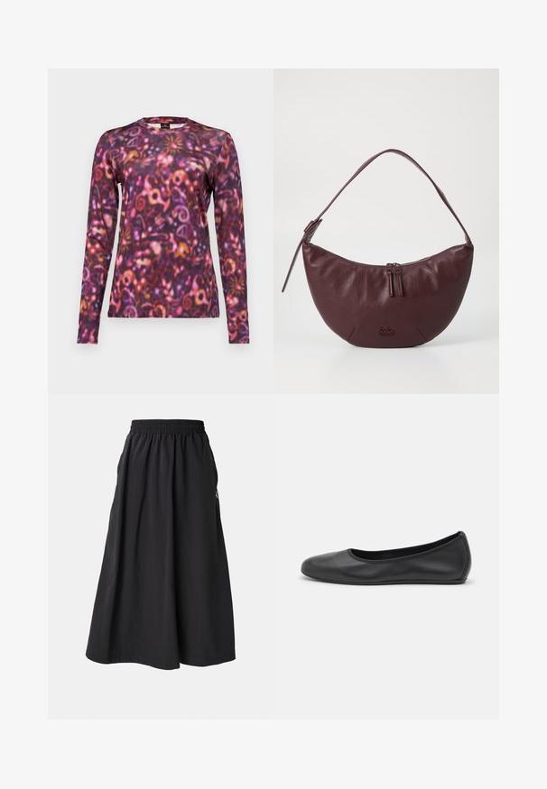 Majica dugih rukava s živopisnim, zavojitim uzorkom u nijansama ljubičaste, ružičaste i narančaste. Izrađena od mekanog materijala s okruglim izrezom.; Crna suknja do gležnjeva s elastičnom pasicom i bočnim džepovima. Izrađena od laganog materijala, s glatkom teksturom.; Crne kožne baletanke s zaobljenim vrhom, glatke teksture, minimalnim detaljima šavova i fleksibilnim dizajnom potplata.; Bordo kožni ručni torba s zakrivljenim dizajnom, koja ima zatvaranje na zip, dva zatvarača i kratku naramenicu. Posebnosti uključuju utisnuti logo.