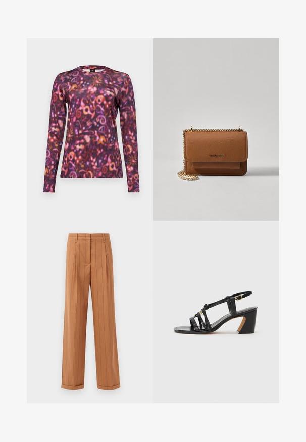 Ilgų rankovių marškiniai su ryškiu sukimosi raštu violetinėmis, rožinėmis ir oranžinėmis spalvomis. Pagaminti iš minkštos medžiagos, su apvalia iškirpte.; Rudos dryžuoti kelnių su pritaikyta forma, pasižyminčios raukšlėmis, tiesiu kirpimu ir apdirbtu kraštu. Pagaminti iš lygios medžiagos.; Paul Smith AMIRA - Klasikiniai aukštakulniai - black; Ruda tekstūruota odinė per petį nešama rankinė su auksiniu grandininiu dirželiu ir užlenkiamo užsegimo. Priekinėje pusėje yra logotipo detalė ir kišenė po užlenkimu.