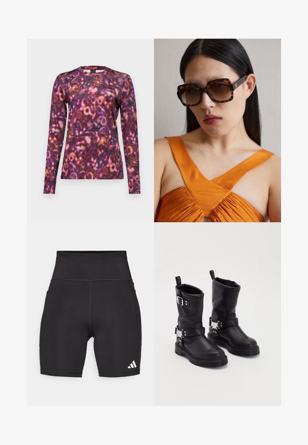 Majica z dolgimi rokavi, ki prikazuje živahen, vrtinčen vzorec v odtenkih vijolične, roza in oranžne barve. Narejena iz mehke tkanine z okroglim izrezom.; Črne atletske kratke hlače iz elastičnega materiala. Visok pas, dolžina do sredine stegen, z belim logotipom s tremi črtami na spodnji levi strani.; Črne usnjene gležnjače z robustnim podplatom, opremljene s stransko zaponko in dekorativno strojno opremo. Gladka tekstura s trakom za pomoč pri obuvanju.; Rjave tortoiseshell ogromne sončne očala z širokim pravokotnim okvirjem in gradientnimi lečami. Zlata logotipna podrobnost na strani.
