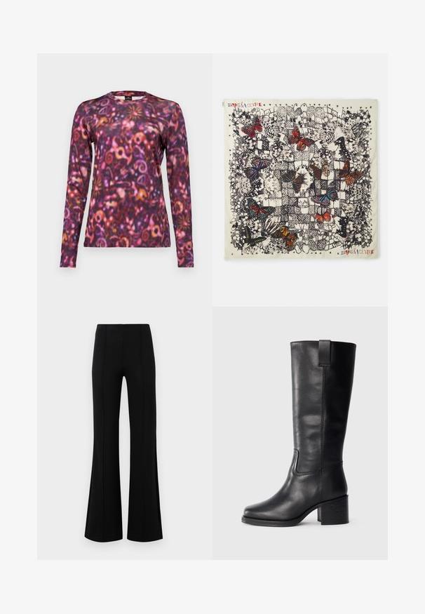 Hosszú ujjú póló, élénk, kavarodó mintával lila, rózsaszín és narancssárga árnyalataiban. Puha anyagból készült, kerek nyakkivágással.; Fekete, flared nadrág magas derékkal, rugalmas anyagból készült. Elölnézetén függőleges varrásokkal rendelkezik, sima textúrával.; Fekete bőr, térd fölé érő csizmák sima textúrával, négyzetes orral, tömbsarkúval és oldalsó húzófüllel, minimális varrási részletekkel.; Négyzet alakú selyemsál, amelyen részletes pillangóillusztrációk láthatók különböző színekben világos háttéren, fekete körvonalakkal és dekoratív mintázattal.