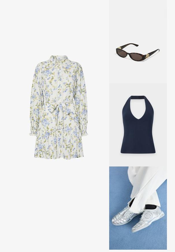 Navy sininen olkaimeton toppi, joka on valmistettu pehmeästä ja joustavasta materiaalista. Siinä on syvä V-mallinen kaula-aukko ja tiukka siluetti, jolla on sileä pinta.; Valkoinen kukkamekko, jossa on sinisiä ja vihreitä kukkia, varustettuna kaula-aukolla, napituksella edessä, pitkillä hihoilla, joissa on joustavat hihansuut, sekä vyötäreen nauhalla.; Hopeiset urheilukengät sileällä, kiiltävällä pinnalla, joissa on ommeltu kuvio ja numero 90 sivussa, yhdistettynä valkoisiin housuihin.; Silmärilakkiset tortoiseshell-aurinkolasit, joissa on pitkänomaiset ovaalit linssit, ruskea sävy, kultaiset logo-koristeet temppeleissä ja sulavalinjaiset mustat varret.; Ruskea nahkalaukku, jossa on kaksi tukevasti kantavaa kahvaa, suorakaiteen muotoinen, sileä pinta ja vetoketjukiinnitys. Minimalistinen muotoilu ilman näkyviä kuvioita.; Helmi- ja kristallikaulaketju, jossa on pyöreä, helmimäinen muotoilu vaaleissa sävyissä, vaihteleva helmien ja kimallusten väli, joka on sidottu kaulan ympärille.