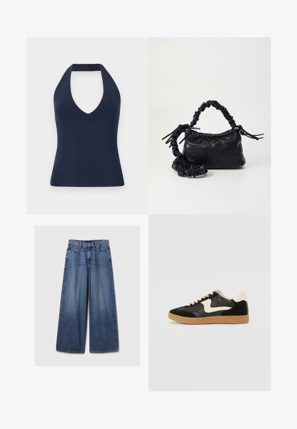 Mornarsko modra halter majica, izdelana iz mehke, raztegljive tkanine. Ima globok V izrez in oblikovan silhueto z gladko teksturo.; Široke jeans hlače iz modrega denima z bledečim finišem, z gumbom in zadrgo, petimi žepi in zanko za pas.; Črne semiš in usnjene superge s kremasto stransko puščico in svetlo kremasto peto. Imajo bež čipke in gumijast podplat.; Črna torbica iz umetnega usnja s krokodilovo teksturo, z zvitim vrhom in zmečkano naramico. Zdi se mehka in kompaktna v oblikovanju.