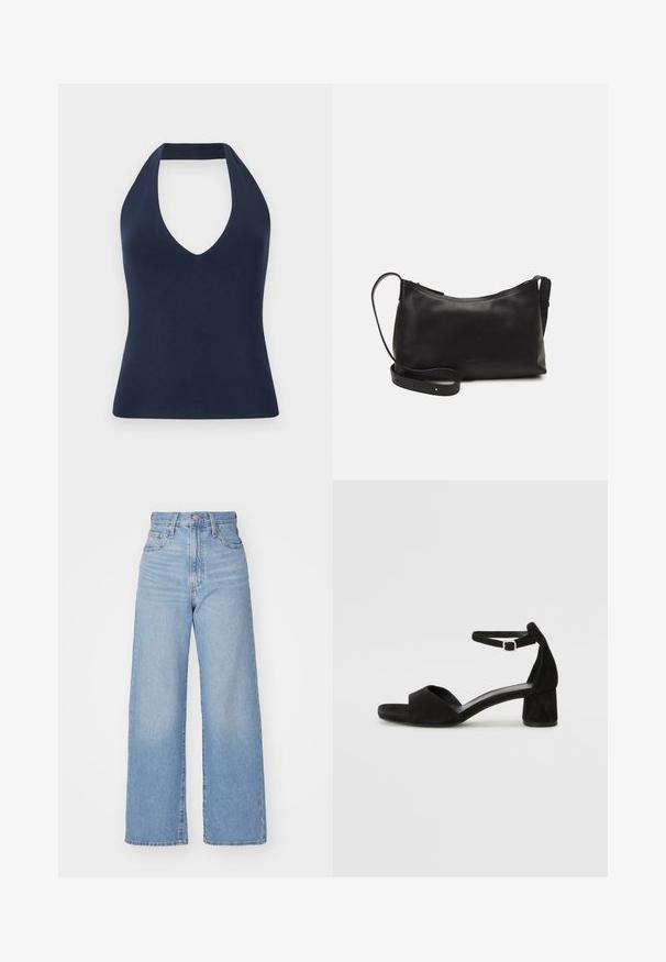 Tums zils halter stils top, kas izgatavots no mīksta, elastīga auduma. Iespējam dziļš V kakla izgriezums un pieguļoša silueta ar gludu tekstūru.; Gaiši zili augstās jostas vidukļa platās bikses ar priekšējo pogu un rāvējslēdzēju, priekšējām un aizmugurējām kabatām uz baltā fona.; Melni zamša augstpapēžu sandeļi ar šauru potītes siksniņu, atvērtu purngalu un pieticīgu bloku papēdi. Gluda tekstūra un minimāli akcenti.; Melna ādas plecu soma ar gludu tekstūru, izliekta forma, regulējama siksna un rāvējslēdzēja aizdare. Minimālistisks dizains bez rotājumiem.