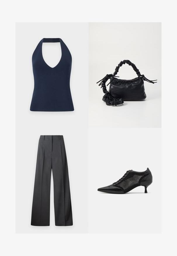 Haut style halter bleu marine en tissu doux et extensible. Présente un décolleté en V profond et une silhouette ajustée avec une texture lisse.; Pantalons à jambes larges en tissu gris foncé, avec une taille haute, des plis simples et une texture lisse avec une finition soignée aux ourlets.; Chaussure noire à bout pointu avec un design en panneau en maille, présentant un petit talon et un laçage à l'avant. Fabriquée à partir d'une combinaison de cuir et de matériau en maille.; Sac à main en simili cuir noir avec une texture crocodile, un dessus resserré et une sangle froncée. A l'apparence douce et compacte.