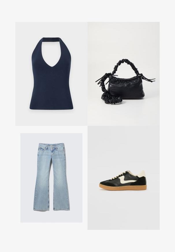 Navy blue halter top made from soft, stretchy fabric. Features a deep V neckline and a fitted silhouette with a smooth texture.; Weekday NOVA - Slim fit jeans - lip blue; Black suede and leather sneaker with a cream side swoosh and light cream heel. Features beige laces and a gum rubber outsole.; Black faux leather handbag with a crocodile texture, cinched top, and a scrunched strap. Appears soft and compact in design.
