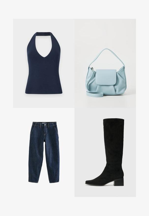 Marineblauwe haltertop van zacht, rekbaar materiaal. Kenmerkt zich door een diepe V-hals en een aansluitende silhouet met een gladde textuur.; Donkerblauwe denim broek met een losse pasvorm, voorzien van vijf zakken, riemlussen en contrasterende gele stiksels. Schoon, textuurachtig stof.; Kniehoge zwarte suède laarzen met een puntige neus en een chunky rechthoekige hak, met een gladde textuur en een minimalistisch ontwerp.; Lichtblauwe leren handtas met een bovenhandvat, een voorklepzak en een afneembare polsband op een witte achtergrond.