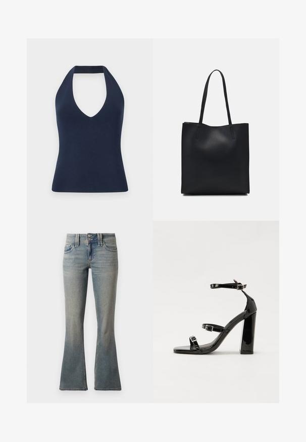 Námořnická modrá halter top vyrobená z měkké, pružné tkaniny. Obsahuje hluboký V výstřih a přiléhavou siluetu s hladkým texturem.; Svetle modré zvonové džíny vyrobené z denimu. Obsahují dvě přední kapsy, zapínání na knoflík a jemné zesvětlení po celé látce.; Černé lakované sandály na podpatku se čtveratou špičkou, lýtkovými pásky a stříbrnými přezkami. Disponují masivním blokovým podpatkem pro stabilitu.; Černá kožená taška přes rameno s hladkým povrchem, obdélníkovým tvarem a dvěma dlouhými uchy. Žádné viditelné kování ani ozdoby.