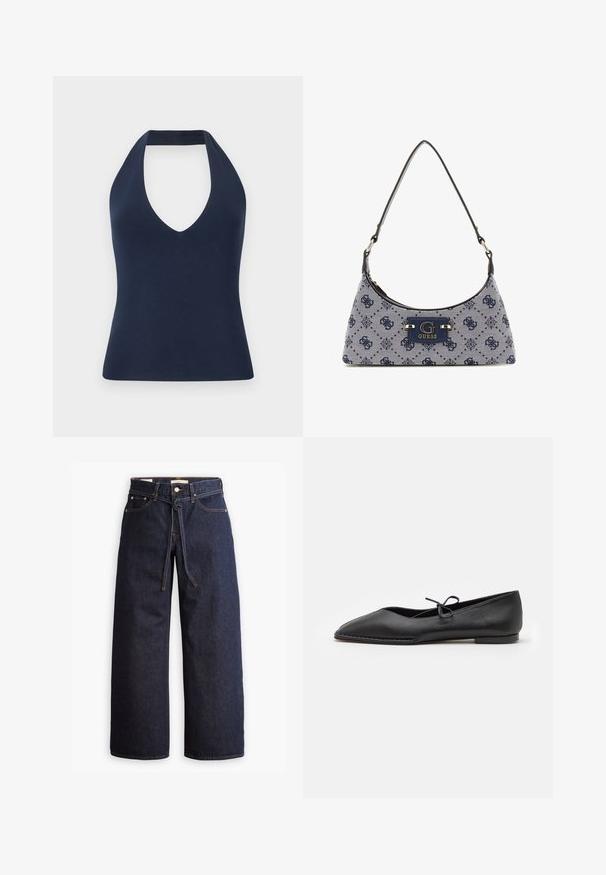 Tamno plavi top na vezivanje oko vrata izrađen od mekog, rastezljivog materijala. Ima duboki V izrez i prilagođen siluetu s glatkom teksturom.; Široke tamnoplave traperice s visokim strukom, s vezicom, pet džepova i kontrastnim detaljima šavova.; ALOHAS SWAY - Balerinke - black; Torbica u stilu hobo od tamnoplave tkanine s dijamantnim uzorkom, s logom i glatkim naramenicom. Teksturirana površina.