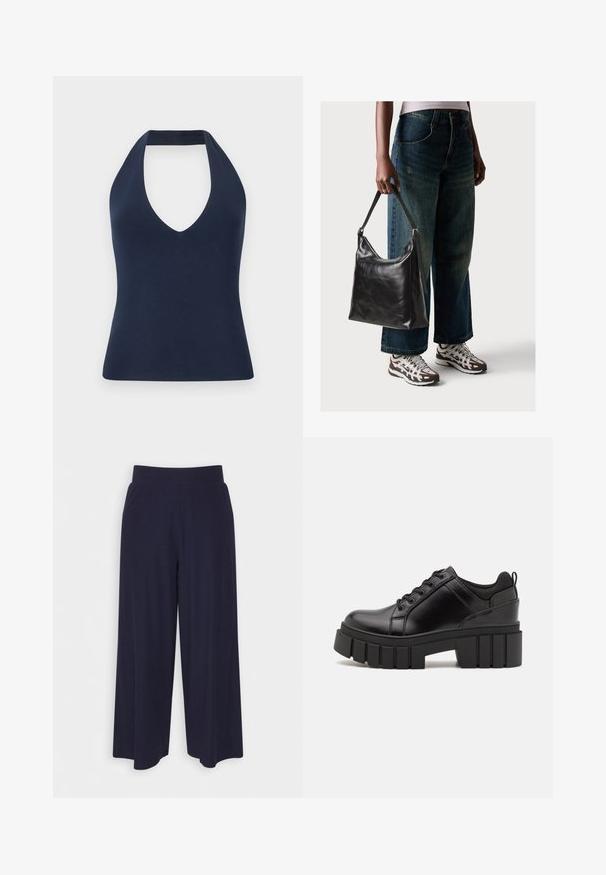Tums zils halter stils top, kas izgatavots no mīksta, elastīga auduma. Iespējam dziļš V kakla izgriezums un pieguļoša silueta ar gludu tekstūru.; Platas kājas bikses tumši zilā audumā ar svītrainu tekstūru. Aprīkotas ar gludu jostasvietu un plūstošu siluetu, sasniedzot vidus teļus.; Melnas ādas platformas kurpes ar masīvu bloku papēdi, apaļu purngalu un tradicionālu saistīšanas dizainu. Izceļas ar gludu tekstūru un minimālu apdari.; Melna ādas pleca soma ar gludu tekstūru un regulējamu siksnu, saskaņota ar izbalējušām platām biksēm un sportiskām kedām.