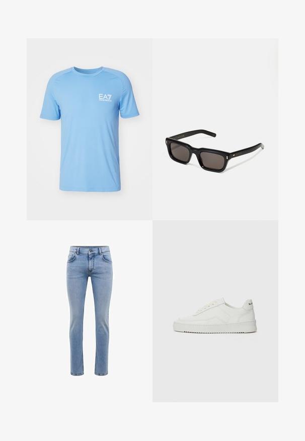 EA7 Emporio Armani Športové tričko - granada sky; Svetlomodré džínsy s úzkym strihom, piatimi vreckami a rovnými nohavicami. Obsahujú zips a pásky na opasok. Mäkká textúra.; Biele kožené tenisky s hladkým povrchom, okrúly špičkový dizajn, ploché šnúrky a textúrovaná podrážka. Obsahujú jemné logo na päte.; Čierne obdĺžnikové slnečné okuliare s tmavými sklami, hrubým plastovým rámom, zlatými detailami na spánkoch a vygravírovaným logom značky na ramene.