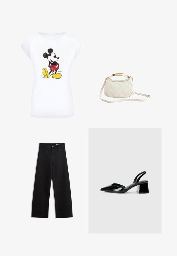 Hvid bomulds t-shirt med et vintage Mickey Mouse grafik i sort, rød og gul. Rund halsudskæring og korte ærmer.; Sorte wide-leg denim bukser med høj talje, der har front- og baglommer, syede sømme og en knaplukning. Glat tekstur.; Sorte patentlæder slingback hæle med spids tå og en geometrisk blok hæl. Har et elegant, minimalistisk design og en glat tekstur.; Hvid vævet læderhandbag med en guld-tone håndtag, aftagelig skulderrem og rund bund. Har en lynlåslukning på toppen.