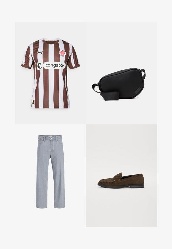 Rjava in bela nogometna majica z vertikalnimi črtami, z logotipom PUMA, sponzorstvom Congtar, okroglim izrezom in grbom FC St. Pauli na levem prsnem delu.; Svetlo modri kavbojki s sproščenim krojem, naravnost oblikovani nogi, vidnimi šivi, dvema sprednjima žepoma in gumbnim zapiranjem.; Rjavi semiš mokasini z zaobljenim nosom, dekorativnim šivom in fleksibilnim črnim podplatom. Imajo majhen jeziček spredaj.; Črni nahrbtnik za čez ramo z zadrgo je izdelan iz gladkega materiala, ima raven obliko, en trak in majhen logotip. Minimalističen dizajn.